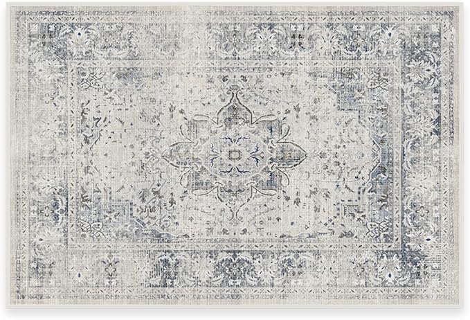 RUGGABLE Washable Vintage Area Rug – Sarrah Blue Quartz 2x3, Stain-Resistant, Non-Slip – Small Machine Washable Rugs for Living Room, Bedroom, Hallway, Entryway & Bathroom–with Standard Pad