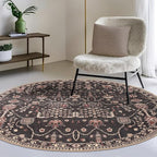 GLN Rugs Traditional Collection - Machine Washable Area Rug, Traditional Washable, Non Slip, Low Pile Chenille Rug, Living Room, Bedroom, Kitchen Rug (5'3" Round Black)