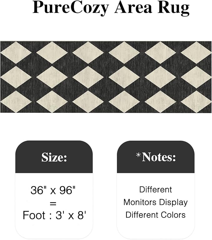 3x8 Runner Checkered Rug for Hallways Black Washable Long Carpet Non-Slip Low Pile Boho Indoor Accent Throw Rug for Entrance Kitchen Bedroom Dining Laundry