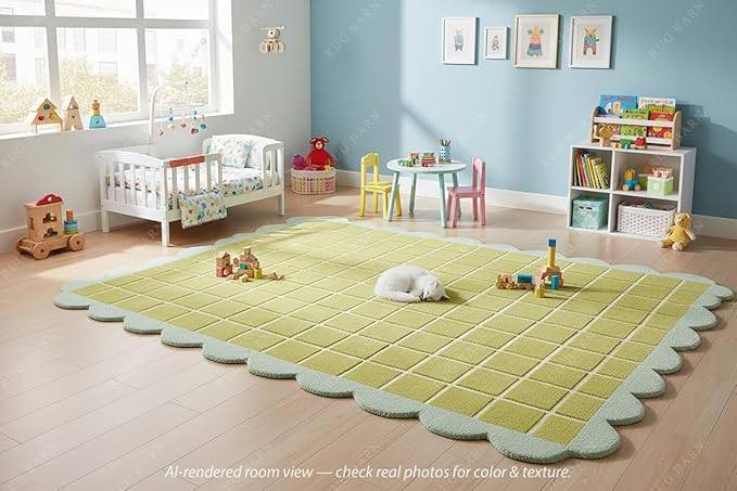 Checkered Wool Area Rug with Scalloped Border, Chartreuse Green & Cream Grid, Hand-Tufted, Soft Cut Pile, Modern Cottagecore Living Room, Bedroom & Nursery Carpet - 9x9 Ft (Round)