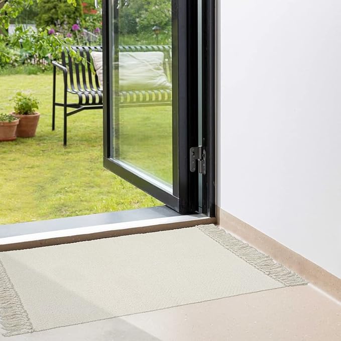 Collive Kitchen Runner Rug, 2' x 4.3' Hand-Woven Reversible Washable Rug, White/Beige Cotton Modern Farmhouse Bathroom Rug Hallway Carpet for Foyer Bedroom Entry Back Door Decor