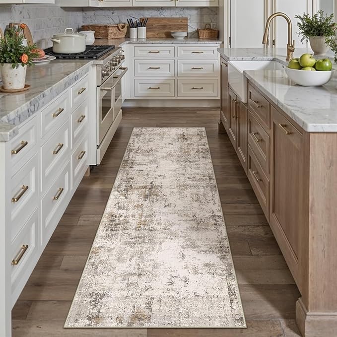 2x8 Washable Runner Rug Brown Grey Abstract Hallway Kitchen Throw Rug Neutral Modern Non Slip Soft Low Pile Carpet for Bathroom Laundry Bedroom Living Room