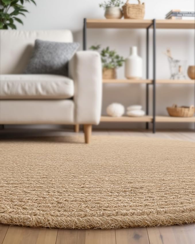 DEXI Round Jute Rug Natural Fiber 4x4, Braided Woven Area Rugs No Shed, Soft Neutral Rustic Carpet Mat for Indoor Outdoor Patio Dining Living Room Bedroom Farmhouse, 4ft, Beige