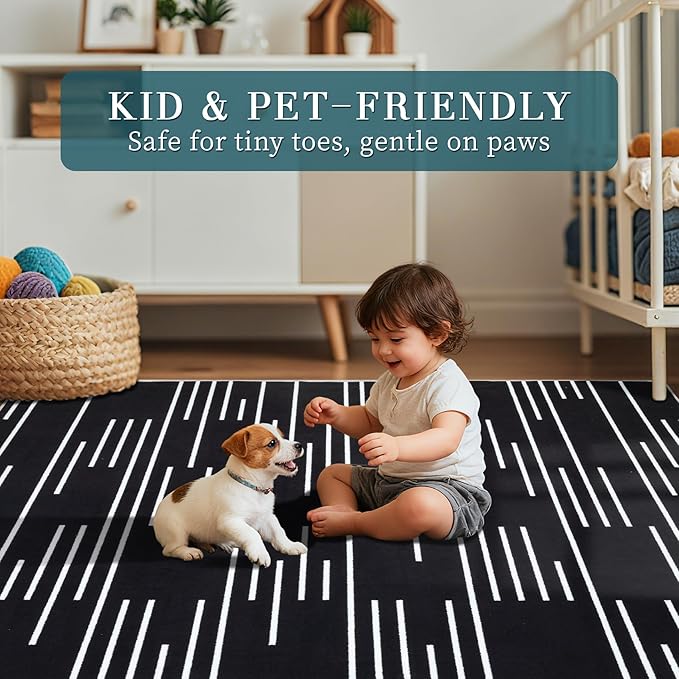 YIHOUSE Abstract Washable Rug 5x7,Ultra Thin Non Slip Black Rugs for Living Room,Modern Minimalist White Stripe Rugs for Bedroom,Dining Room Office Playroom (5'x7',Black-3)