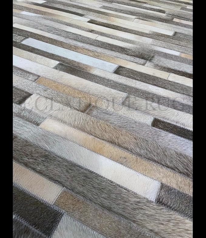Cowhide Leather Rug for Living Room 9x12, Modern Stripes Style Floor Carpet, Washable Dark Grey Area Rug for Home Decor