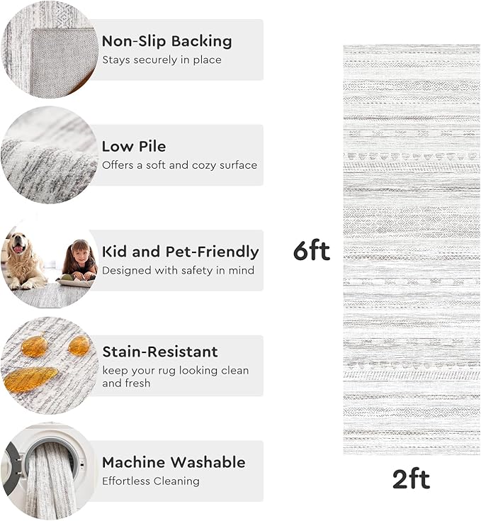 2x10 Runner Rug Machine Washable Non Slip Area Rug Distressed Neutral Moroccan Boho Rug Ultra Soft Floor Runners for Hallways for Entryway Laundry Room Kitchen, Grey