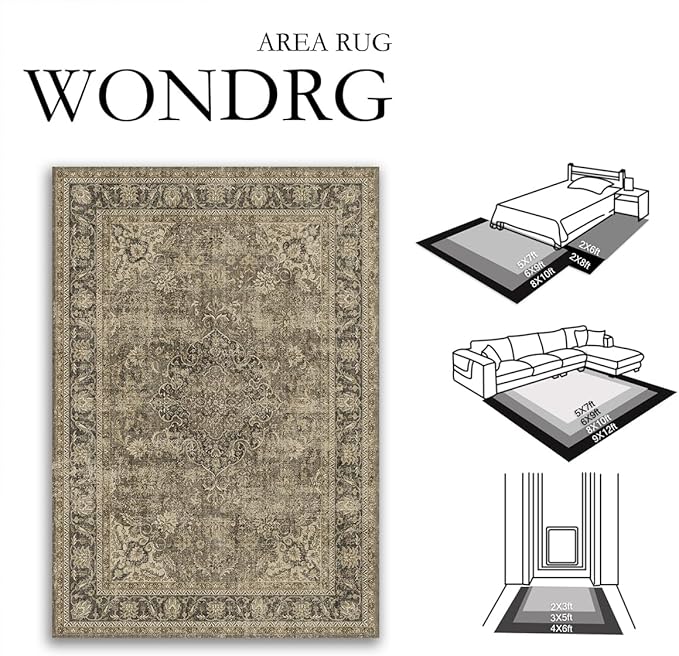 3x10 Washable Brown Runner Rug Vintage Hallway Kitchen Carpet Non-Slip Soft Low Pile Distressed Throw Rug for Bedroom Bathroom Laundry Living Room