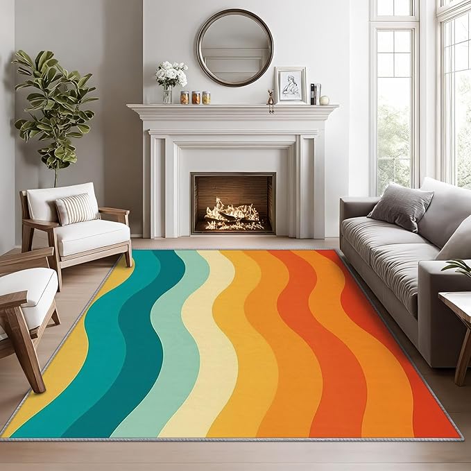 70s Rugs for Bedroom - 5x7 Area Rugs, Retro 70s Rug, Vintage Abstract Wave Rug for Living Room, Colorful Groovy Washable Bedroom Carpet, Retro Swirl Striped Home Decor & Gifts