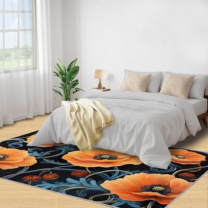6x9 Poppy Living Room Rug - Retro Florals Art Bedroom Carpet, Rustic Flowers Art Classroom Rug for Carpet Boy Bedroom Office Nursery Hardwood Home Decor