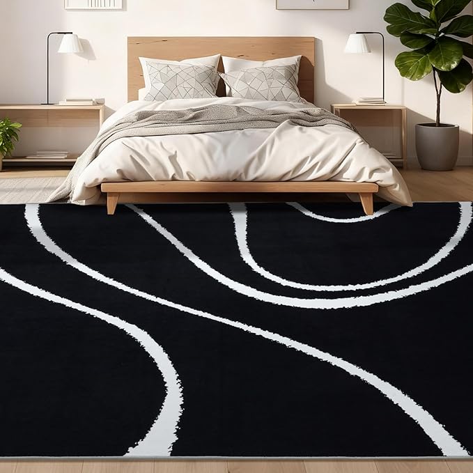 YIHOUSE Abstract Washable Rug 5x7,Ultra Thin Non Slip Black Rugs for Living Room,Modern Minimalist White Stripe Rugs for Bedroom,Dining Room Office Playroom (5'x7',Black-2)