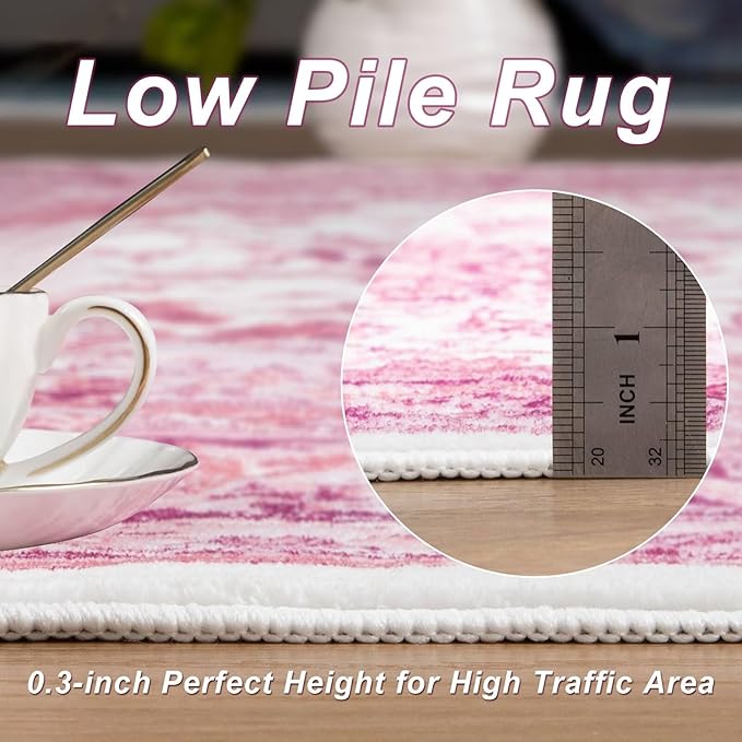 Bright Pink Area Rug for Living Room, 8x10 Machine Washable Rugs with Non-Slip Backing for Girls Bedroom, Large Vintage Carpet for Kitchen Laundry Kids Room