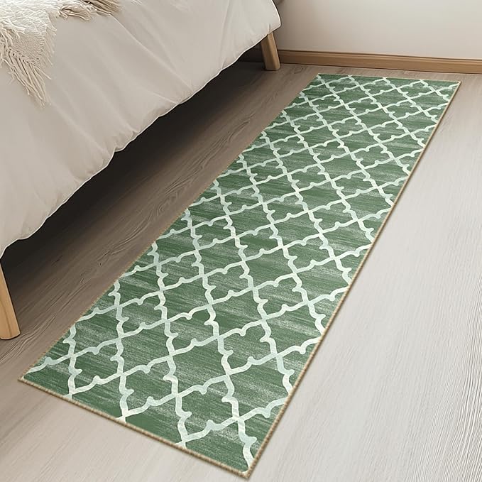Area Rug 2x10, Moroccan Trellis Print Carpet, Machine Washable Non-Slip Rugs for Living Room, Bedroom, Dining Room & Entryway, Green