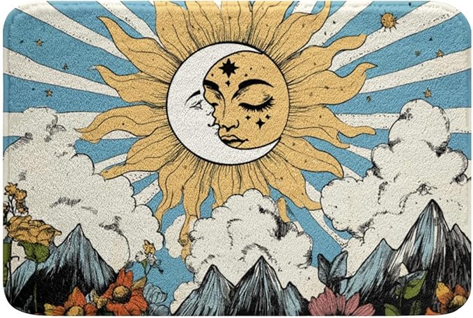 Erosebridal Sun and Moon Bathroom Mat Boho Bohemian Hippie Microfiber Bath Rug Moon Phase Print 3D Entryway Door Mat 16x24 Geometric Striped Bath Mat Sunflower Daisy Bath Rugs Retro Decor