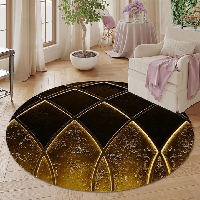 Luxury Black Gold Round Rug Vintage Golden Texture Living Room Circle Area Rugs 4ft Washable Soft Non Slip Low Pile Indoor Floor Carpet for Bedroom Office Kitchen Coffee Table