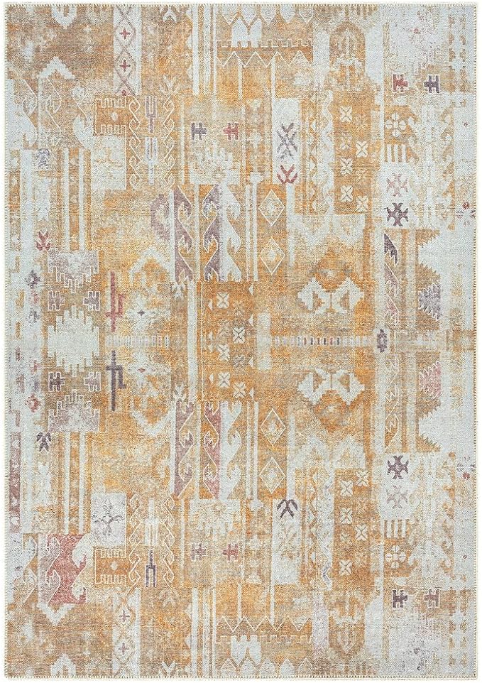 GLN Rugs Traditional Collection - Machine Washable Area Rug, Traditional Washable, Non Slip, Low Pile Chenille Rug, Living Room, Bedroom, Kitchen Rug (8' x 10' Sand/Light Gray)