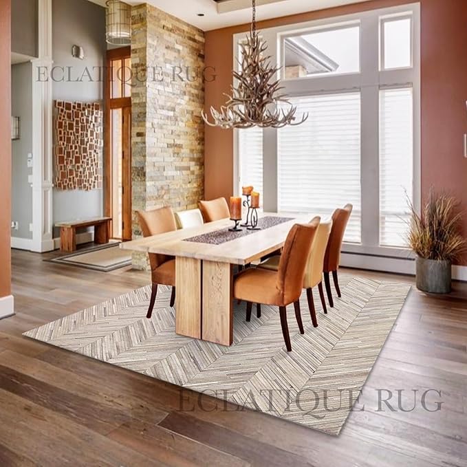 Elegant Rectangular Rug Cowhide Leather Stylish Non Slip Chevron Patchwork Area Rug for Living Room and Home Décor Accent Floor Carpet (Beige-2.5 x 8 ft)