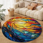 Abstract Colorful Pattern Round Rug Vintage Church Glass Area Rug Washable Soft Non-Slip Floor Carpet Low Pile Accent Rugs for Entryway Living Room Dining Room Bedroom Home Office 7ft