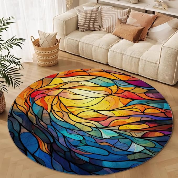Abstract Colorful Pattern Round Rug Vintage Church Glass Area Rug Washable Soft Non-Slip Floor Carpet Low Pile Accent Rugs for Entryway Living Room Dining Room Bedroom Home Office 7ft