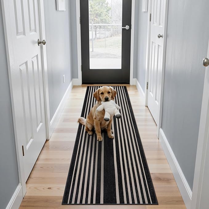 Beeiva Striped Runner Rug for Hallways, 2x6 Washable Runner for Entryway, Black and White Bathroom Runners Non Slip Soft Low Pile Vertical Striped Geometric Print Carpet Rugs for Kitchen Laundry Porch