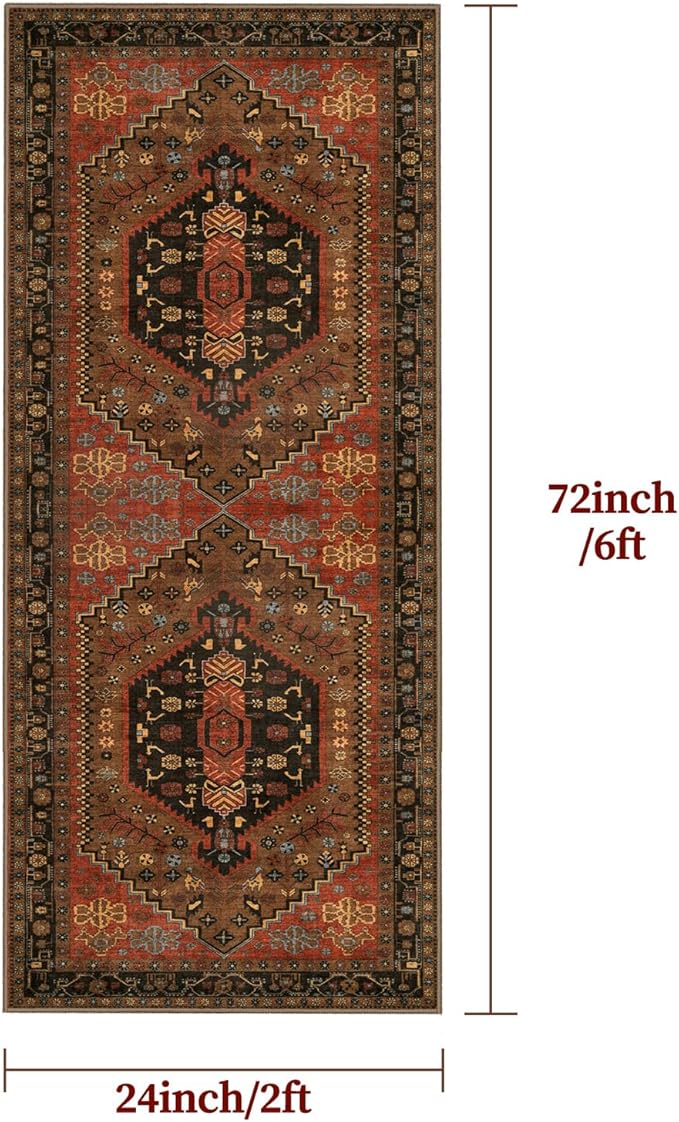 Ciicool Washable Non Slip Runner Rug, 2x6ft Hallway Rug Vintage Kitchen Rugs Red Carpet for Entrance Bedroom Bedside Living Room Kitchen Laundry Bathroom Decor