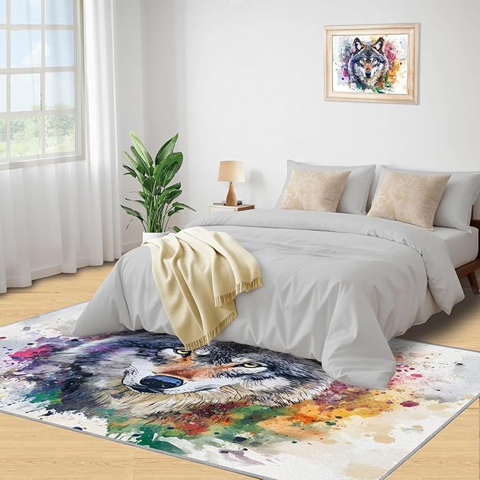 Wolf Rugs for Bedroom - 2x3 Area Rug - Graffiti Wolf Rugs for Living Room, Abstract 3D Animal Graffiti Rug, Washable Home Decor Carpet