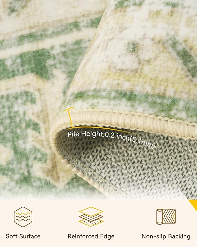 Area Rugs 10'x14' Washable Non-Slip, Floral Vintage Distress Print Pattern Medallion Carpet for Living Room Bedroom Dining Room, Sage Green Yellow