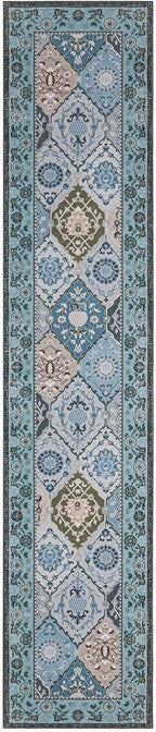 Phantoscope Washable Runner Rug 2'x10' Non-Slip, Vintage Boho Hallway Rugs for Entryway, Stair, Bedroom, Distressed Moroccan Mosaic Diamond Pattern, Low-Pile Foldable Floor Carpet, Blue Teal/Neutral