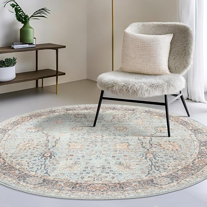 GLN Rugs Traditional Collection - Machine Washable Area Rug, Traditional Washable, Non Slip, Low Pile Chenille Rug, Living Room, Bedroom, Kitchen Rug (5'3" Round Light Blue)