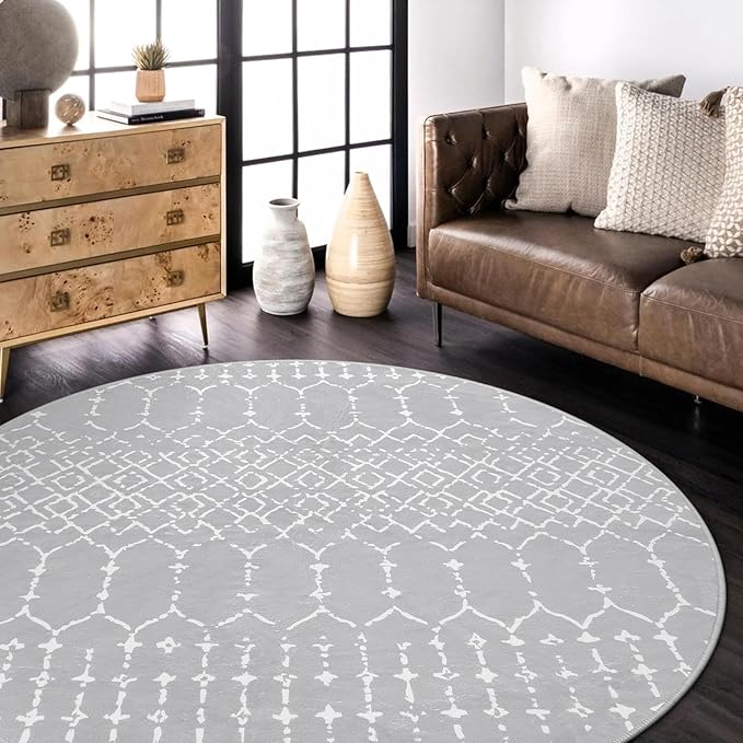 Lahome Moroccan 5Ft Round Rug Machine Washable Round Bedroom Carpet Grey Non-Slip Throw Circle Rugs for Living Room Low-Pile Large Round Rug, Modern Geometric Print Carpet for Office Dining Room