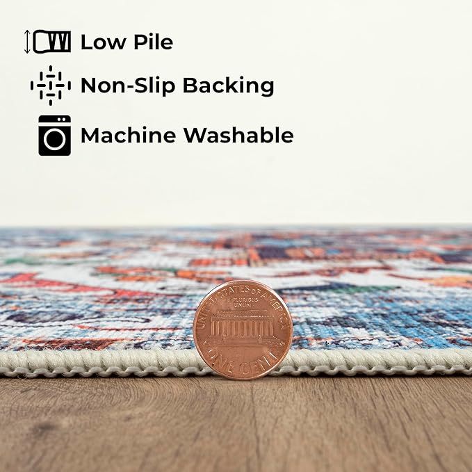 GLN Rugs Traditional Collection - Machine Washable Area Rug, Traditional Washable, Non Slip, Low Pile Chenille Rug, Living Room, Bedroom, Kitchen Rug (6' x 9' Blue/Multicolor)