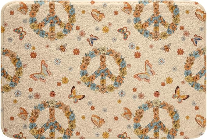 Erosebridal Groovy 70s Theme Rugs Retro Peace Sign Fluffy Rugs Boho Butterfly Indoor Entry Rug 16x24 Hippie Honey Bee Non Slip Bathroom Carpet Vintage Flower Floral Floor Mats for Kids