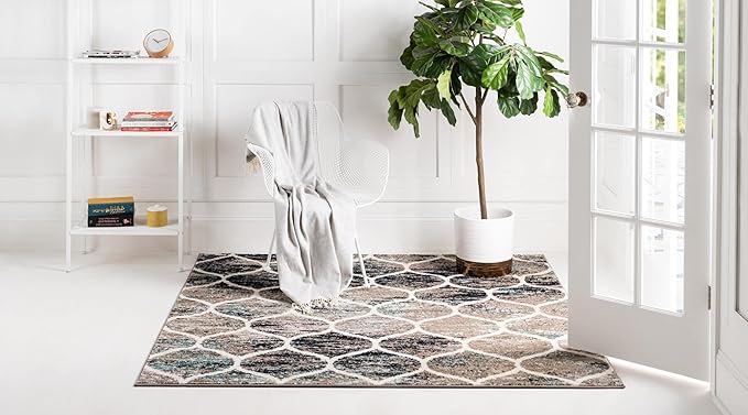 Rugs.com Lattice Frieze Collection Rug – 6' Square Blue Multi Medium Rug Perfect for Living Rooms, Kitchens, Entryways