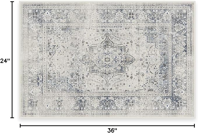 RUGGABLE Washable Vintage Area Rug – Sarrah Blue Quartz 2x3, Stain-Resistant, Non-Slip – Small Machine Washable Rugs for Living Room, Bedroom, Hallway, Entryway & Bathroom–with Cushioned Pad