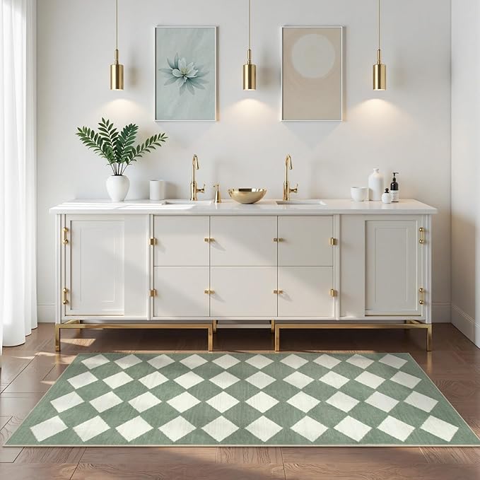 Lahome Checkered Washable 2x6 Green Runners for Hallways Non Slip, Ultra-Thin Kitchen Bathroom Runner Rugs, Moroccan Trellis Throw Carpet Runner for Bedroom Entryway Decor (2'x6',Green)