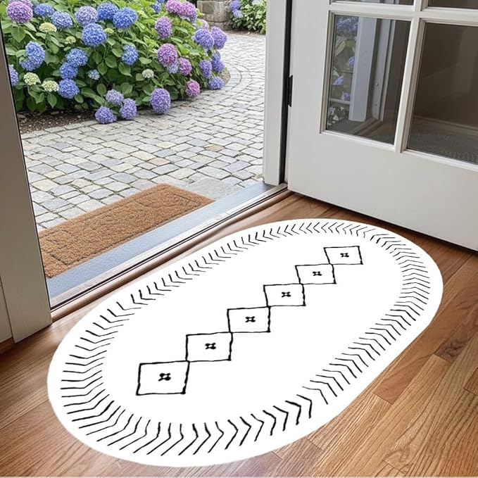 Simple Black and White Geometric Texture Bordered Area Rug 5x8 for Living Room Bedroom Dining Room Soft Washable Anti Slip Floor Mats Doormat Modern Minimalist Large Carpet Cozy Indoor Oval Rugs