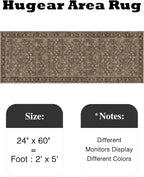 HUGEAR 2x5 Runner Rug Machine Washable Brown Hallway Area Rugs Indoor Accent Rugs Floral Low Pile Carpet Distressed Throw Rug Bedroom Living Room Office Dining Kitchen Laundry Non Slip
