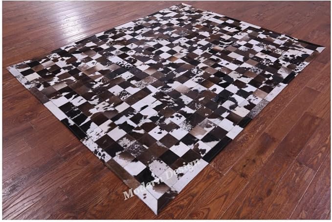 Modern Design Premium Cowhide Leather Carpet with Chevron Pattern, Area Rug (Brown/White-1, 8x10)
