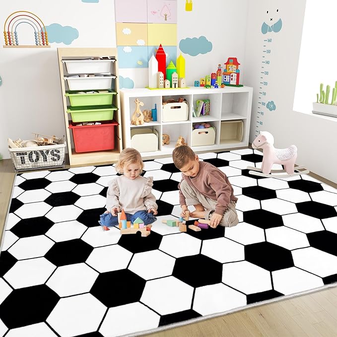 Soft Soccer Rugs for Bedroom, Machine Washable, Cute Bedside Boys Area Rug for Kids Toddlers Teens, Soccer Lovers Home Decor Indoor Carpet for Living Room, Dorms, Nursery, 4x5 FT