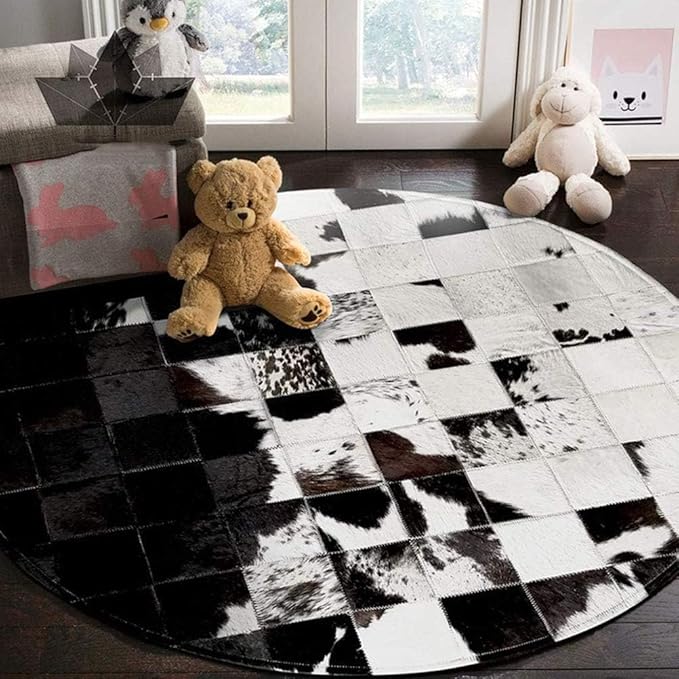 Cowhide Round Leather Rug 9x9 ft – Genuine Hair-On Hide Patchwork Area Rug for Living Room, Bedroom, Kids Playroom, Lounge & Western Home Decor