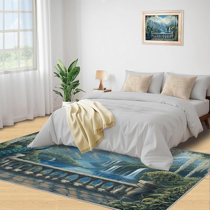 Peacock Rug Small - 4x6 Rug, Peacock Decor Washable Rugs for Living Room, Nature Waterfall Carpet, Natural Landscapes Non-Slip Area Rugs for Bedroom, Aesthetics Carpet - Peafowl Home Decor & Gifts