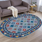 Funky Vintage Blue Red Orange Geometric Texture Indoor Area Rug for Living Room Bedroo Dining Room Faux Wool Soft Low Pile Oval Rugs 3x5 Entrance Nursery Farmhouse Rustic Country Home Office Carpet