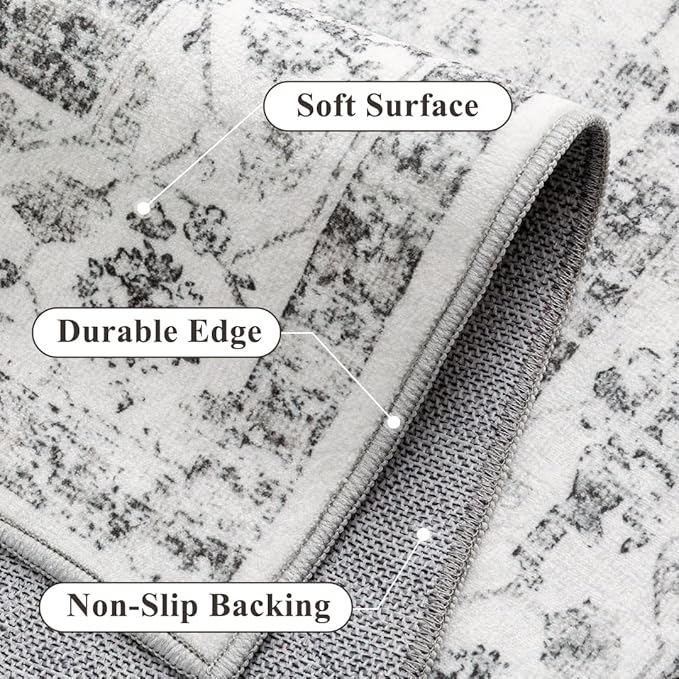 Grey 2x3 Entryway Rug Vintage Area Carpet Indoor Kitchen Washable Door Mat Entrance Small Low Pile Traditional Distressed Retro Accent Throw Rug Non Slip Office Bathroom