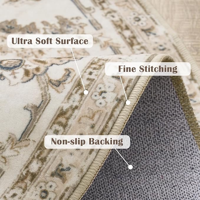 jinchan Fiora Round Rug 7ft Area Rug - Taupe Vintage Floor Mat Indoor Ultra-Thin Soft Floral Print - Washable Circle 7' Retro Accent for Farmhouse Non Slip Dining Room Living Room Bedroom Office