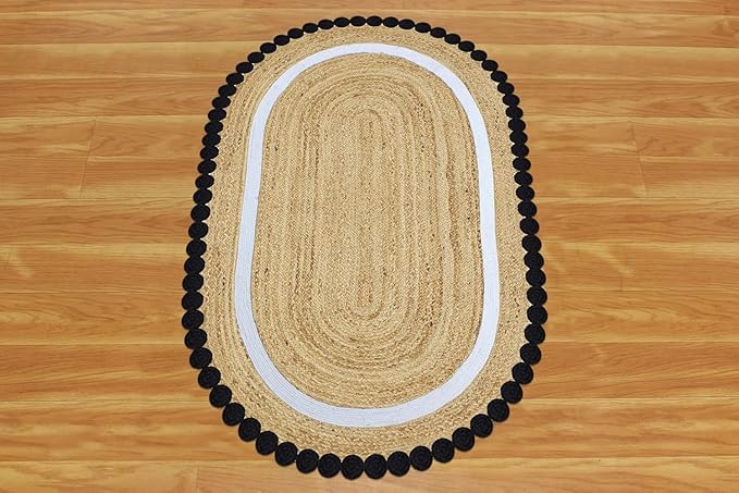 Kilim Oval Rug 2x3 Oval Flatweave Rug Natural Jute Thick 0.27" Solid Pattern Black Beige Hand Braided Jute Handmade Boho Indoor Outdoor Rugs for Kitchen Enterway