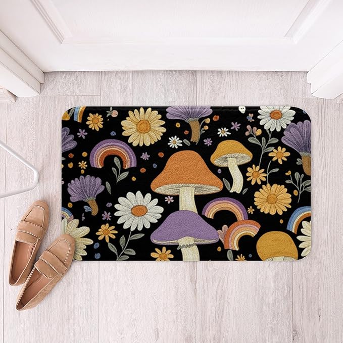 Erosebridal Trippy Mushroom Bathroom Mat Groovy Floral Microfiber Bath Rug Cute Rainbow 3D Entryway Door Mat 16x24 Two Groovy Party Boho Hippie Mushroom Bath Mat Retro Party Decorations Bath Rugs