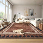Geometric Bordered 5x7 Washable Low Pile Area Rugs for Bedroom Living Room Playroom Modern Non Slip Foldable Soft Indoor Carpet Stain Resistant Non-Shedding Dining Room Farmhouse Rug, Brick Red