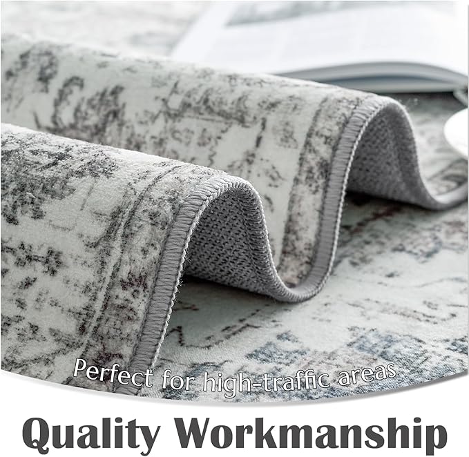 jinchan Kalen Runner Rug 3x10 Washable Area Rug Soft Vintage Indoor Floor Cover Thin Retro Distressed Grey Multi Carpet Floral Print Country Non Slip for Bathroom Kitchen Bedroom Living Room