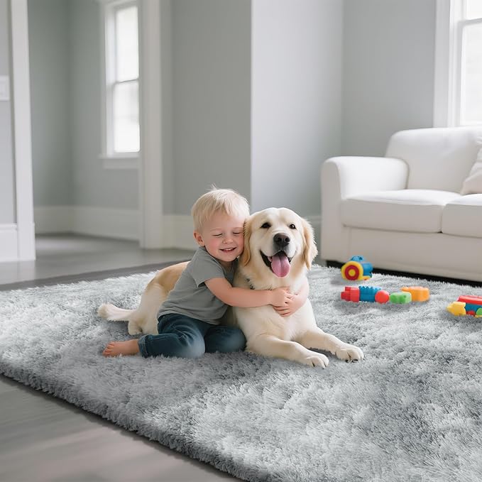 Fluffy Rug Shaggy Area Rug, Mottling Grey 9x12 Area Rugs for Living Room, Large Shag Area Rugs for Bedroom Kids Room Home Decor, Upgrade Anti-Skid Rectangular Fuzzy Rugs