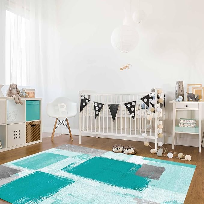 Teal Green Rectangular Area Rugs for Living Room Bedroom 2.8 x 5 ft Abstract Paint Texture Modern Art Non-Shedding Soft Low Pile Rug Non Slip Washable Rug for Nursery Entryway Playroom
