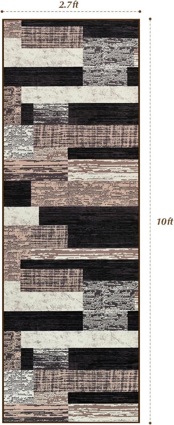 Indoor Runner Rug, Washable Runner Rug with Rubber Backing, Modern Geometric Patchwork Aesthetic Carpet for Bedroom, Living Room, Hallway, Entryway,Washable Rugs Rockwood Collection,2.7x10Ft Chocolate
